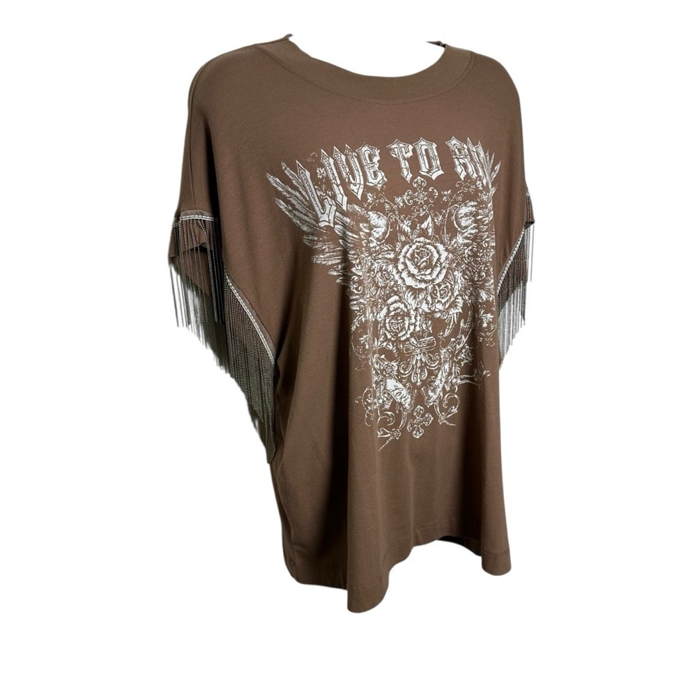 VOCAL Tunic Top Small Cotton Live To Ride Metal Fringe Short Sleeve Punk Moto - Picture 6 of 11